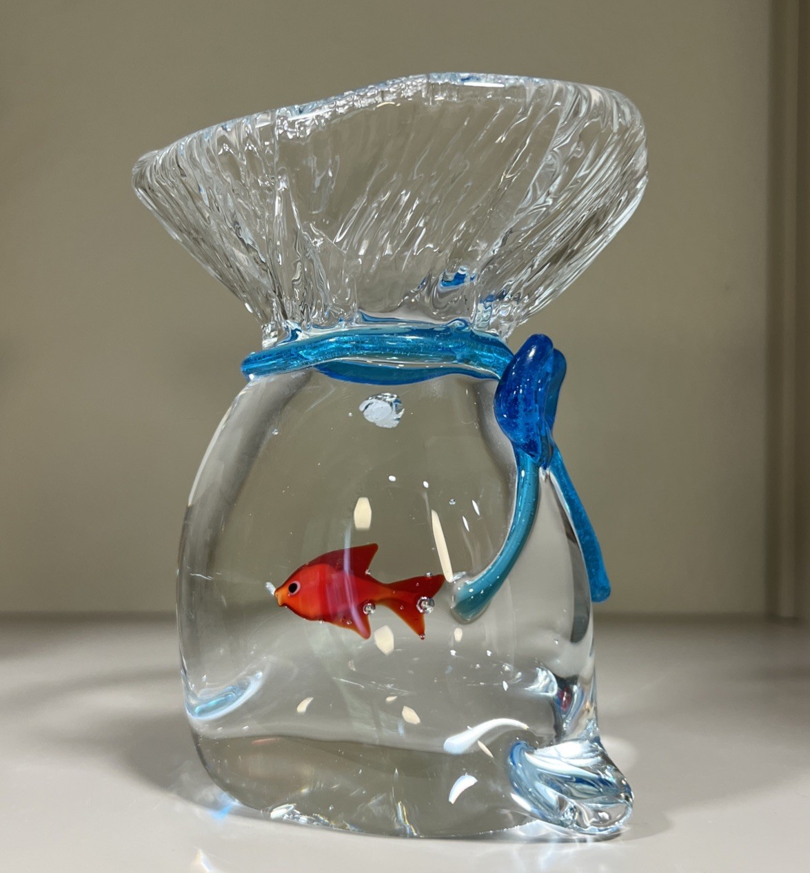 Vtg Murano Glass GoldFish in a Bag Paperweight 5” Tall Polished Bottom Mint Cond