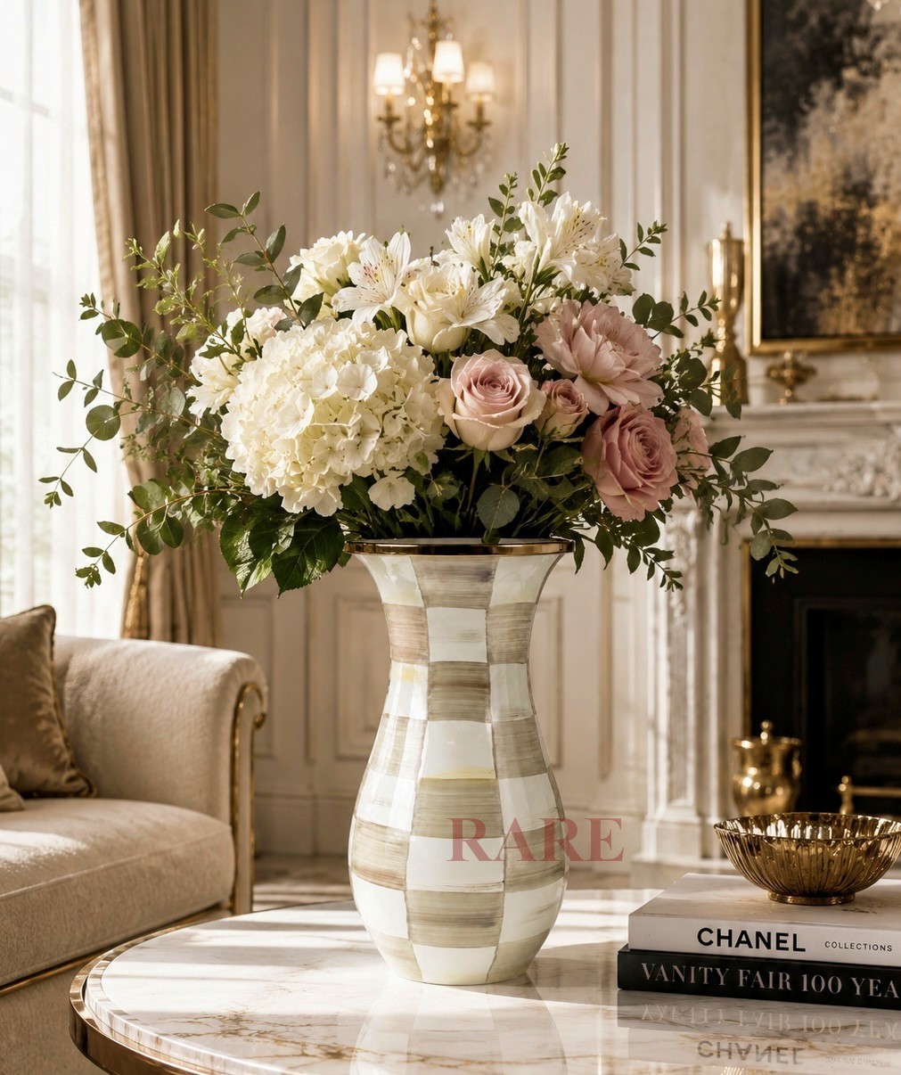 MacKenzie-Childs Mocha Check Tall Vase 10″ Tall New No Box