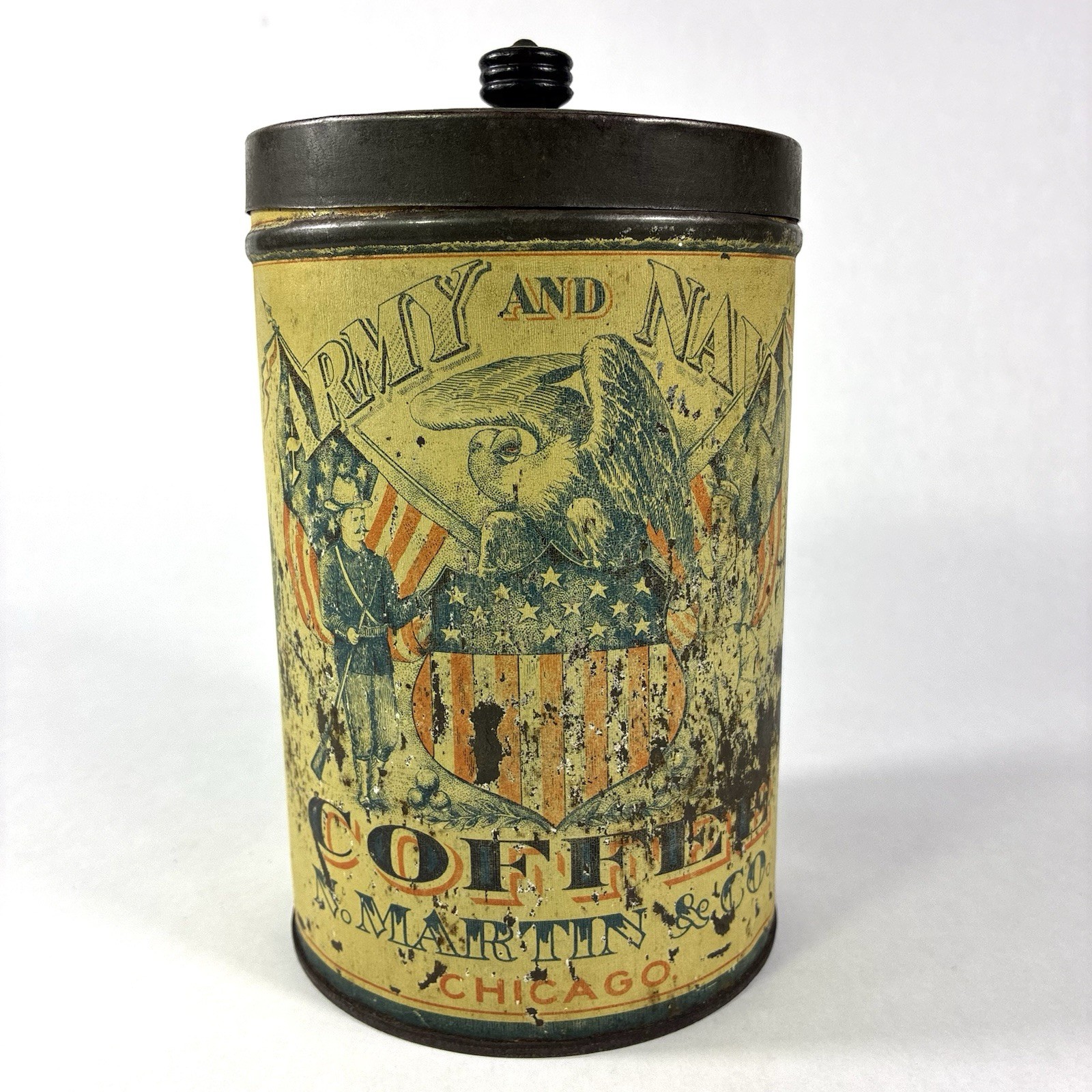 Rare Antique Army & Navy Coffee 1lb Tin Litho Soldiers American Flag Eagle Tall