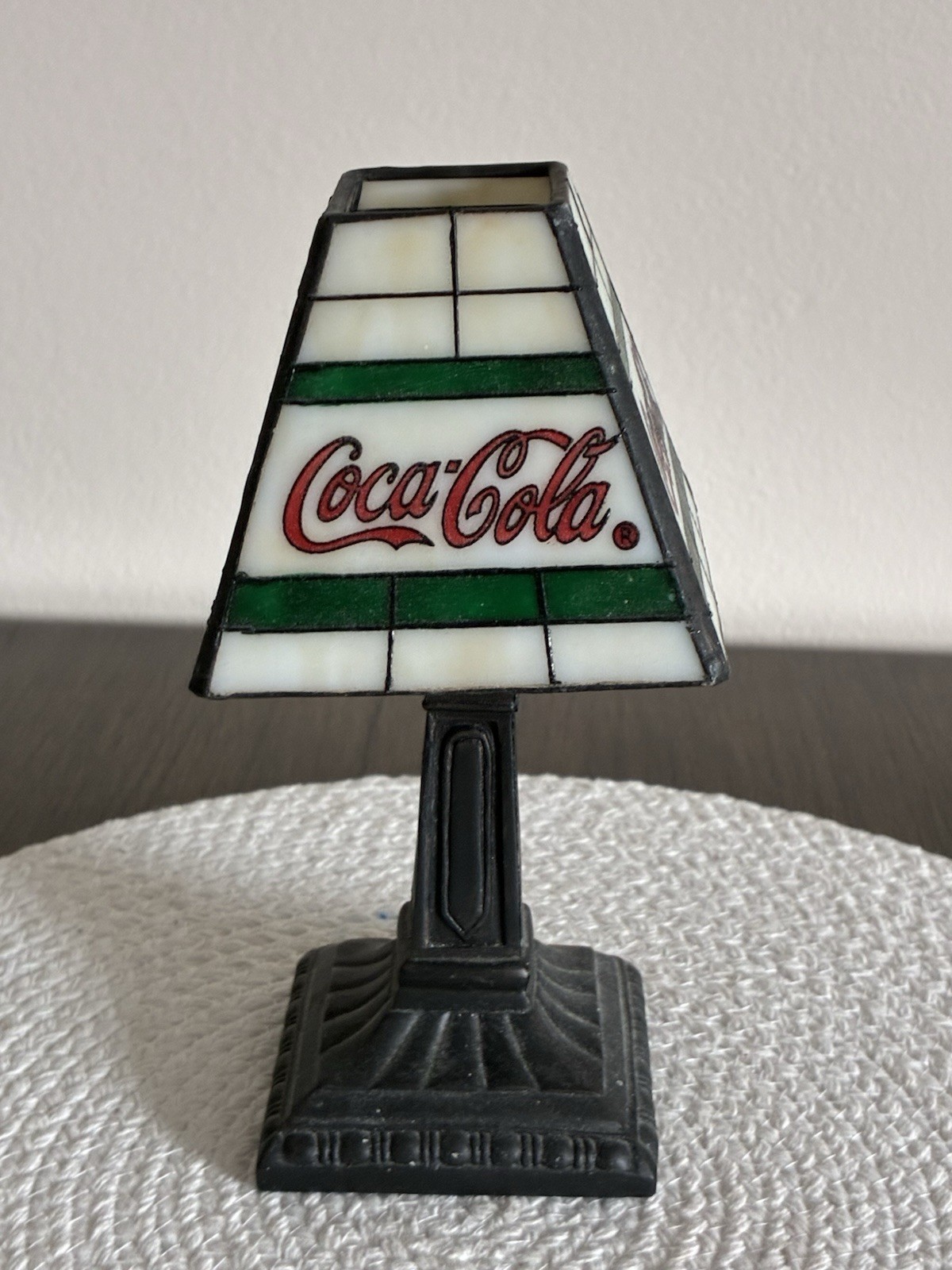 Coca-Cola Soda Theme Table Lamp Stained Glass Style Shade, Black Base
