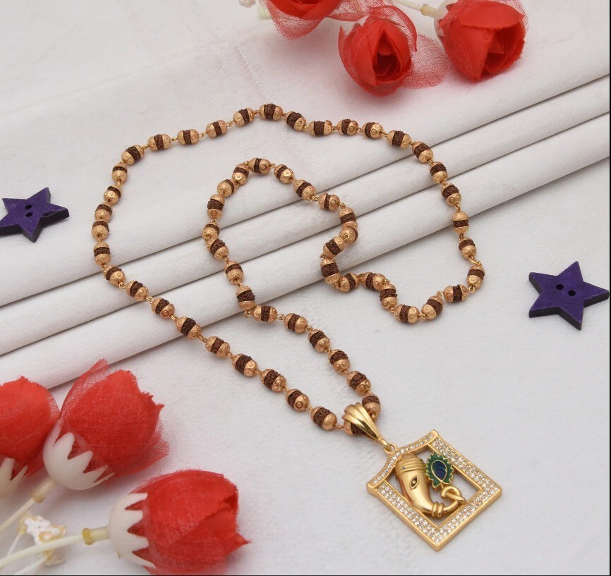 Ganpati With Diamond Gold Plated Rudraksha Mala With Pendant For Men