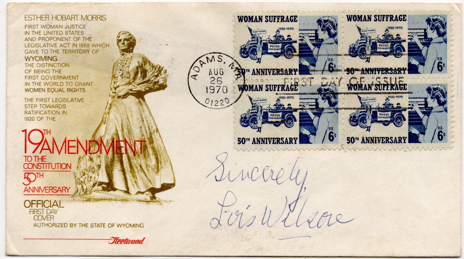 Lois Wilson Signed Women’s Suffrage Stamped Envelope Silent Screen Actress