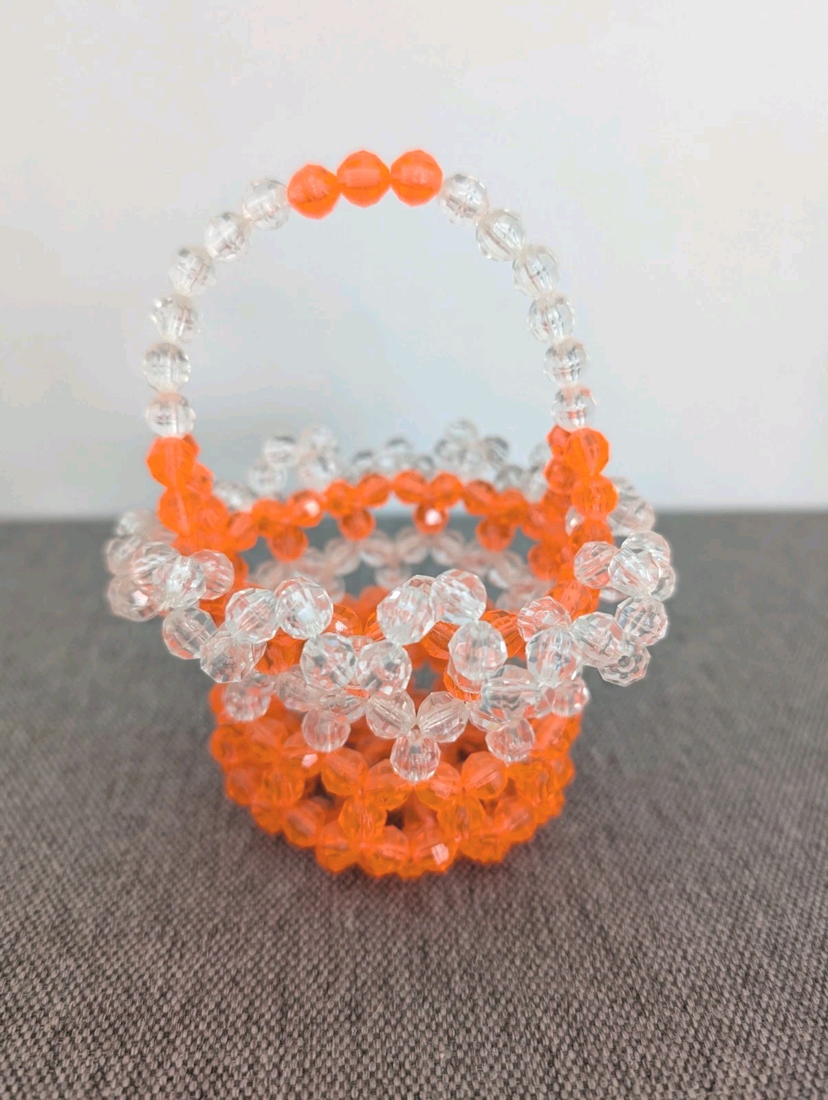 Handmade Granny Beaded Basket Orange & Clear Faceted Beads Decorative Vintage