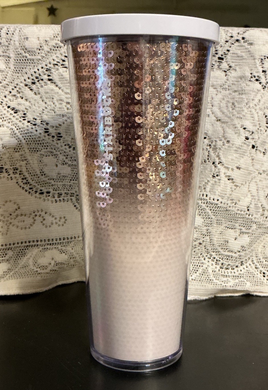 Starbucks Limited Edition Tumbler Ombré Rose Gold Sequin Cascades To White 24oz