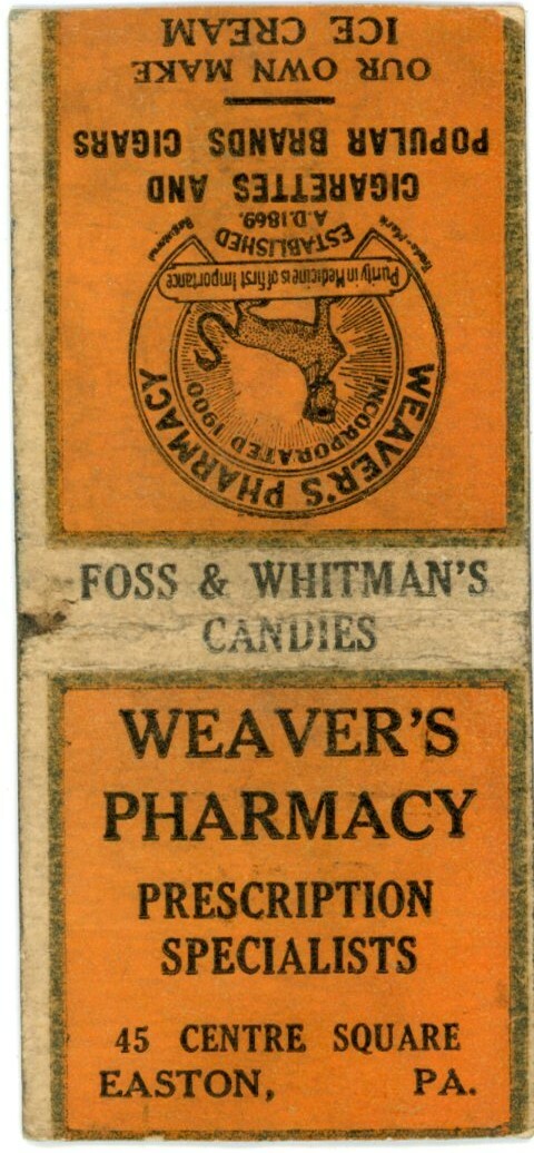 Weaver’s Pharmacy Easton PA Vintage Matchbook Cover Pre-1940s