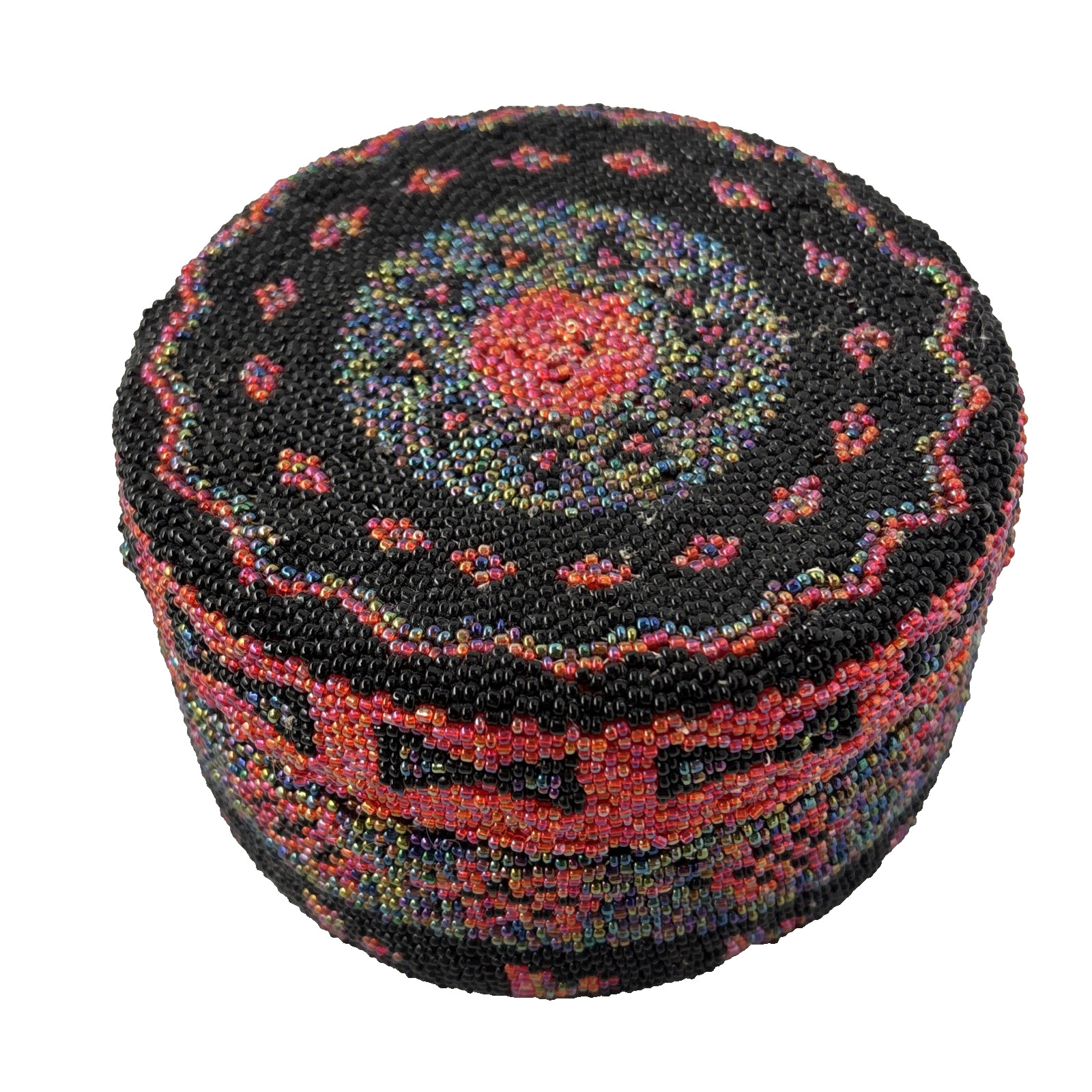 VTG Small Seed Bead Basket Hand Beaded Over Woven Grass Basket Lid Trinket