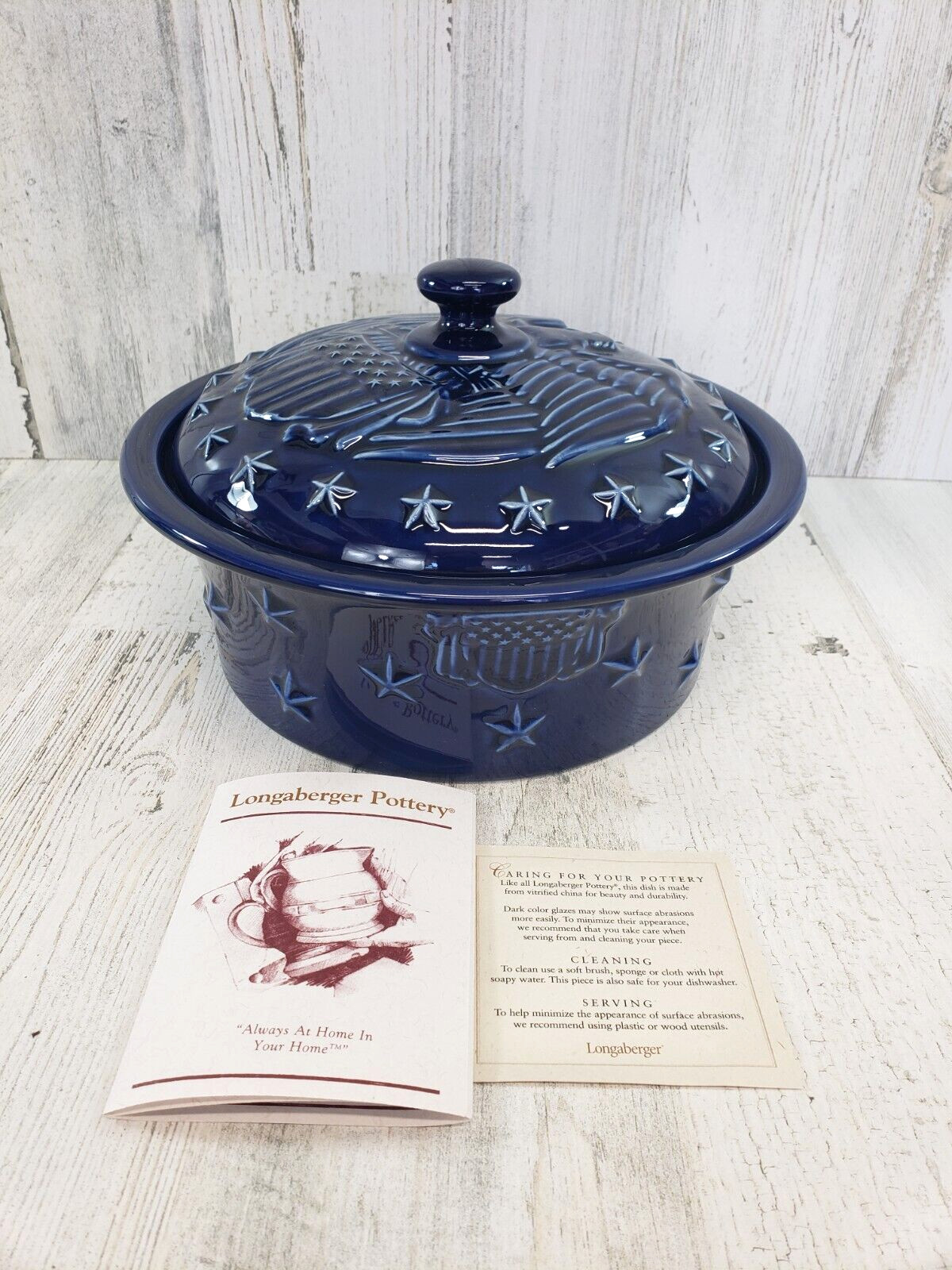 Longaberger Pottery Covered Casserole American Eagle 1.5 Quart BLUE 9″ USA NIB