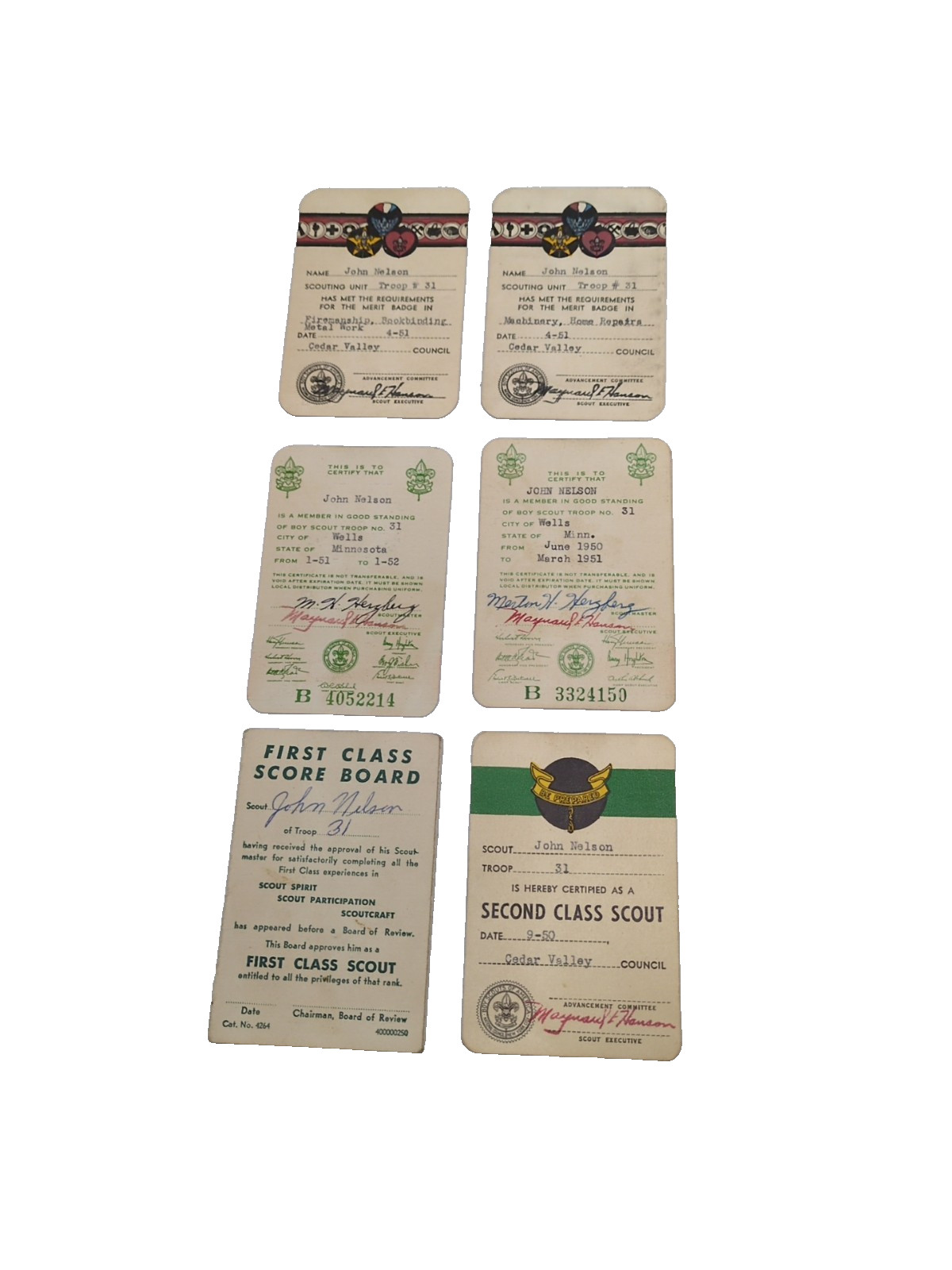 Vintage 1950s Boy Scouts of America Identification Card & Merit Badge Cards F4AS