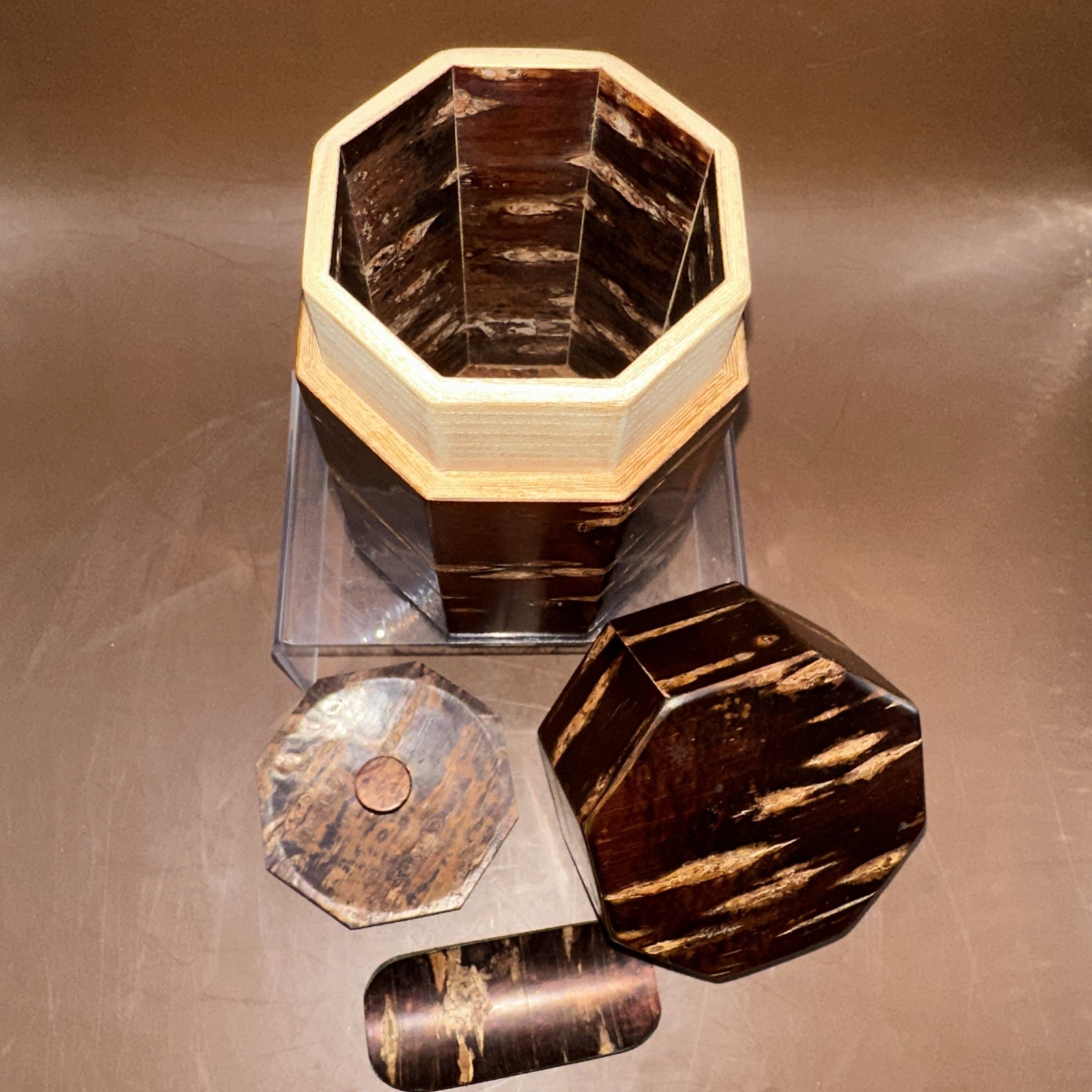 CHERRY TREE BARK OCTAGON TEA CADDY WITH MATCHING SCOOP