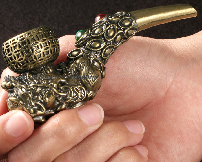 Chinese Style Retro Hand Inlay Brass Statue Pipe Tool Healthy Holder Men Gift