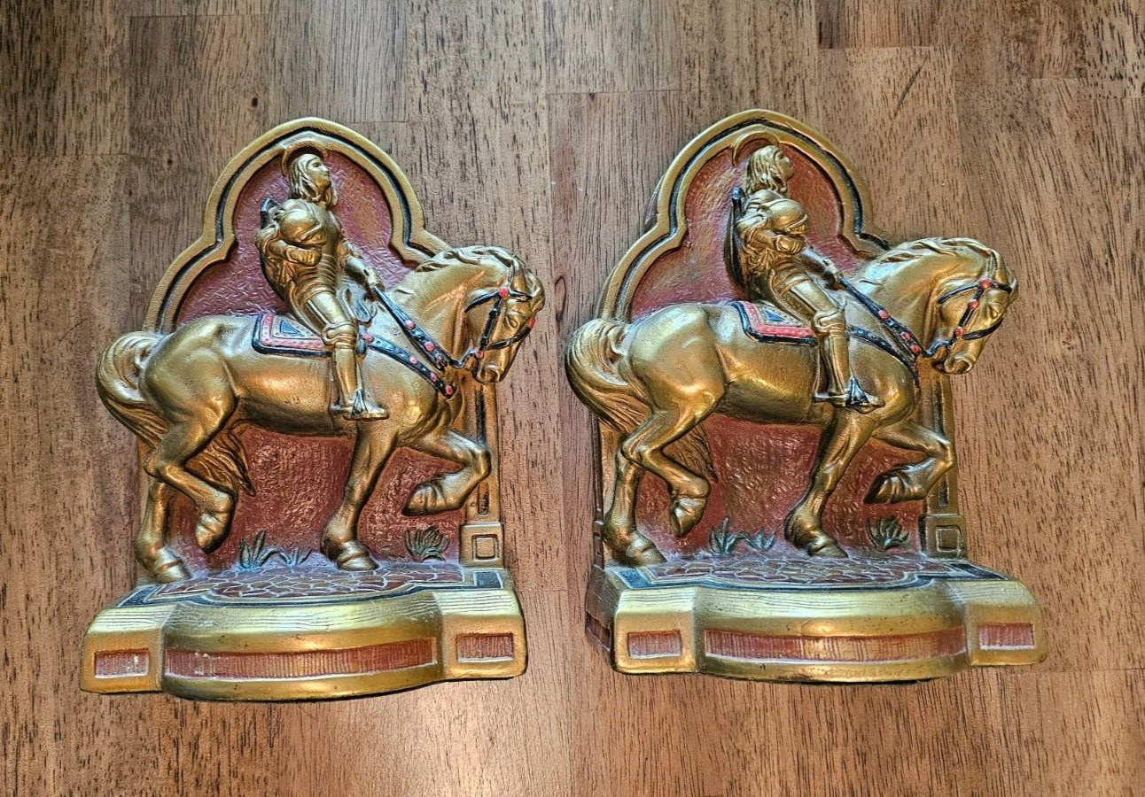 Rare Vintage Armor Bronze Company NY City Joan of Arc Knight Bookends +Free Ship