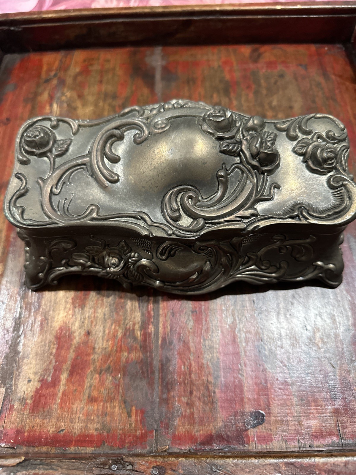 Vintage Art Nouveau Silver Metal Jewelry Casket Box Embossed Rose Velvet Lining
