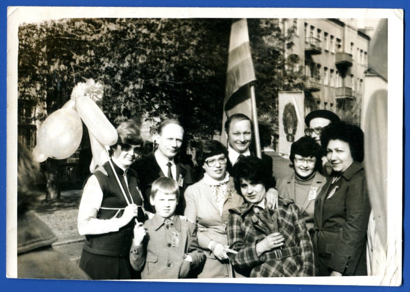 Women Men Children Flags Banners Balloons Parade Soviet USSR Vintage Photo