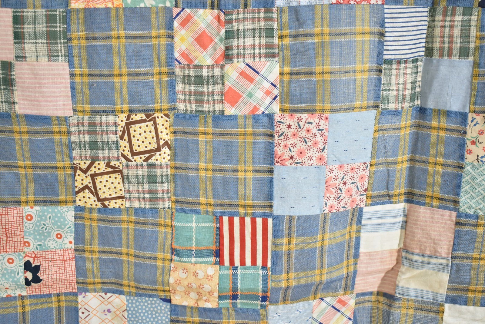 GORGEOUS Vintage 30’s Four Patch Postage Stamp Antique Quilt Top, Nice Blues!