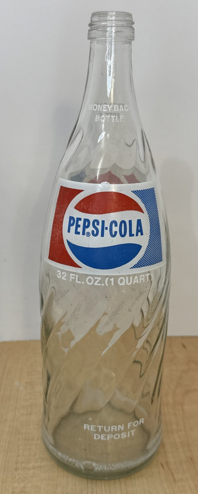 Vintage Pepsi-Cola 32 oz Money Back Bottle 1972 Return for Deposit Glass