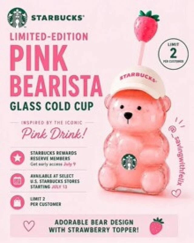 Brand new Starbucks Bearista Bear Cup Tumblers Strawberry Topper Baseball cap