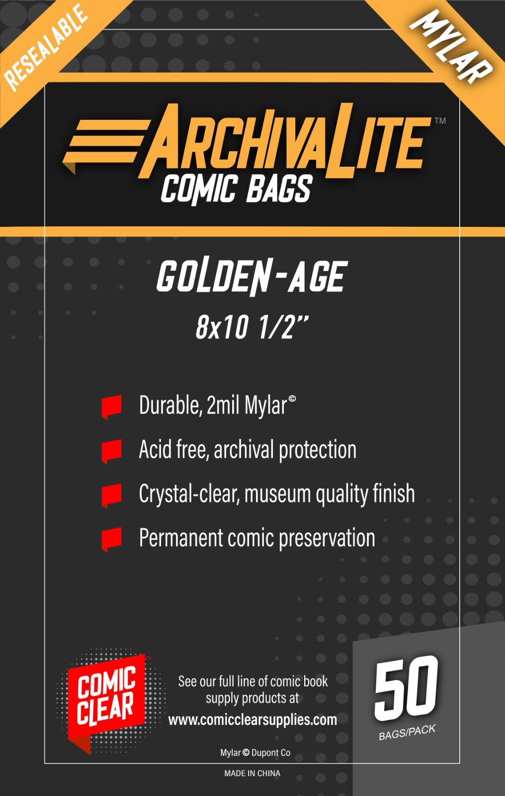 Golden Age Mylar Comic Bags (50) – Comic Clear – RESEALABLE Closure Type