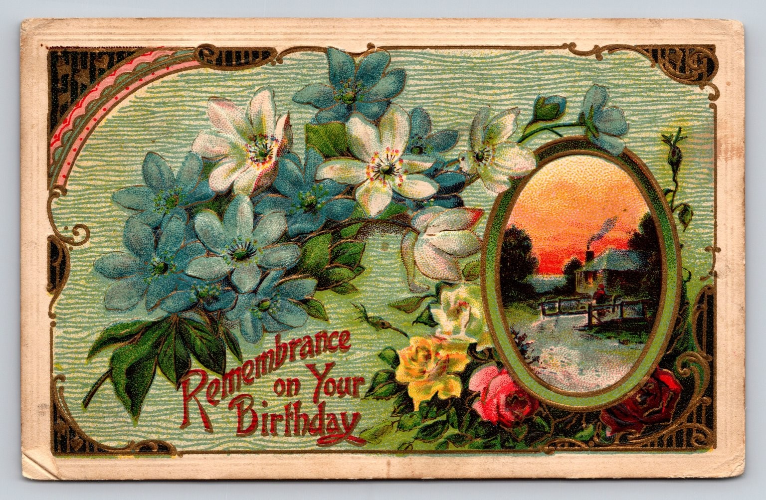 Embossed Divided Back Postcard Remembrance on Your Birthday Printed in Germany