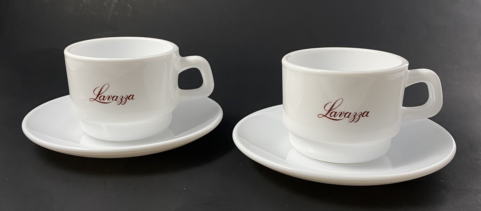 Lavazza Arcopal France Stackable White Cups & Saucers (2) Fully Tempered Glass
