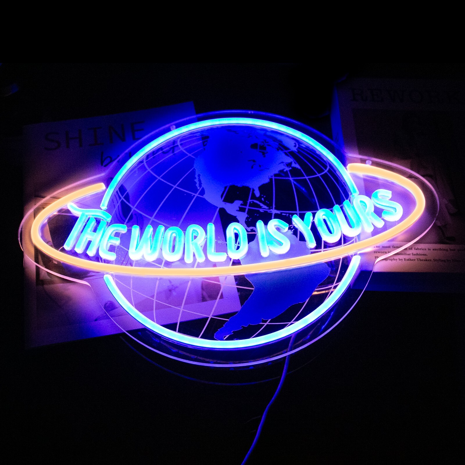 Blue “The World Is Yours” Globe Neon Sign – Hip Hop Decor for Man Cave