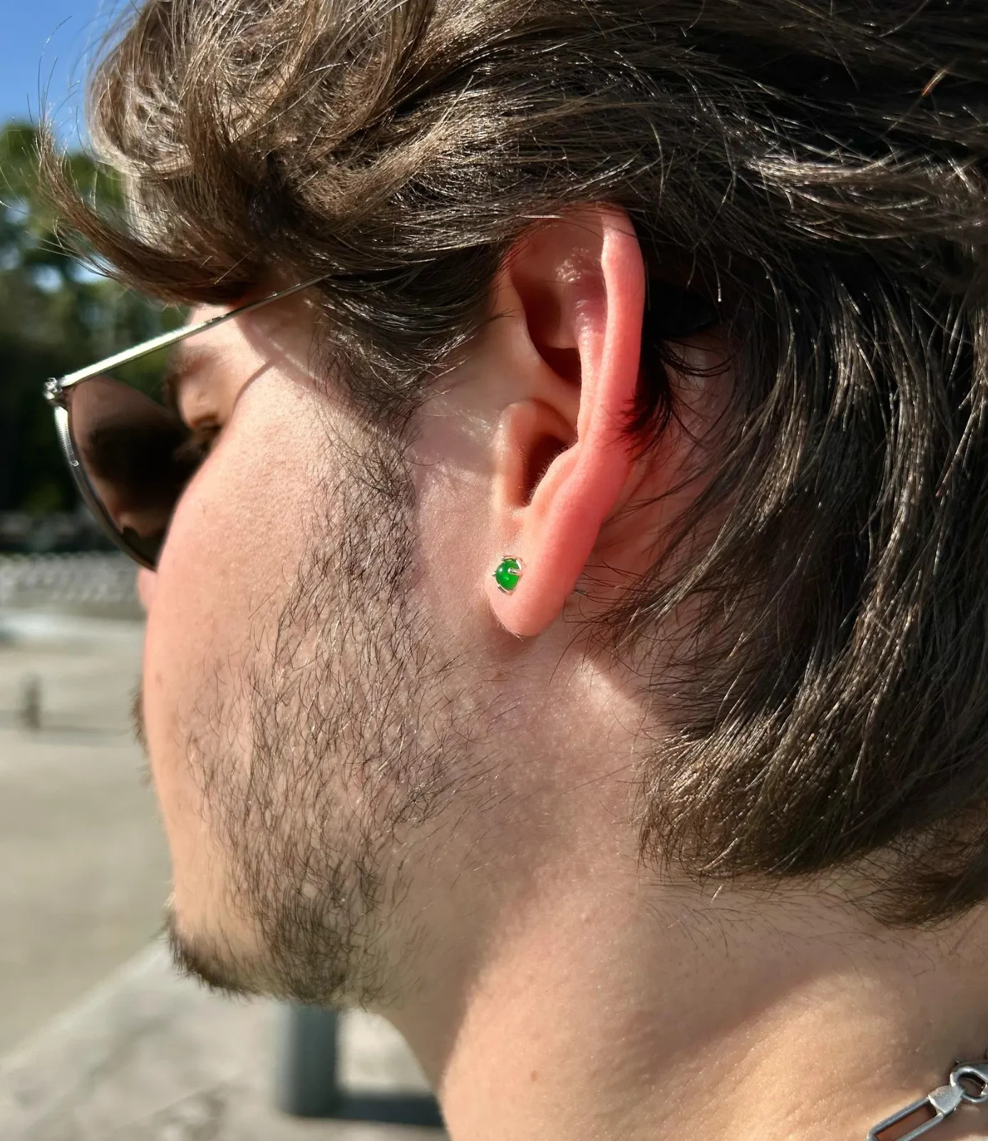 Men’s Green Emerald Cabochon Stone Stud Earrings For Men’s 10K Yellow Gold Over