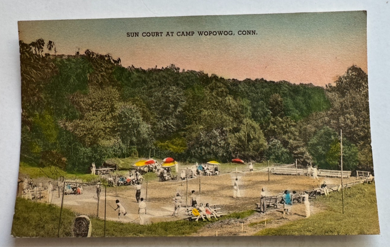 1941 CT Postcard Camp Wopowog Connecticut Sun Court people sports hand-colored