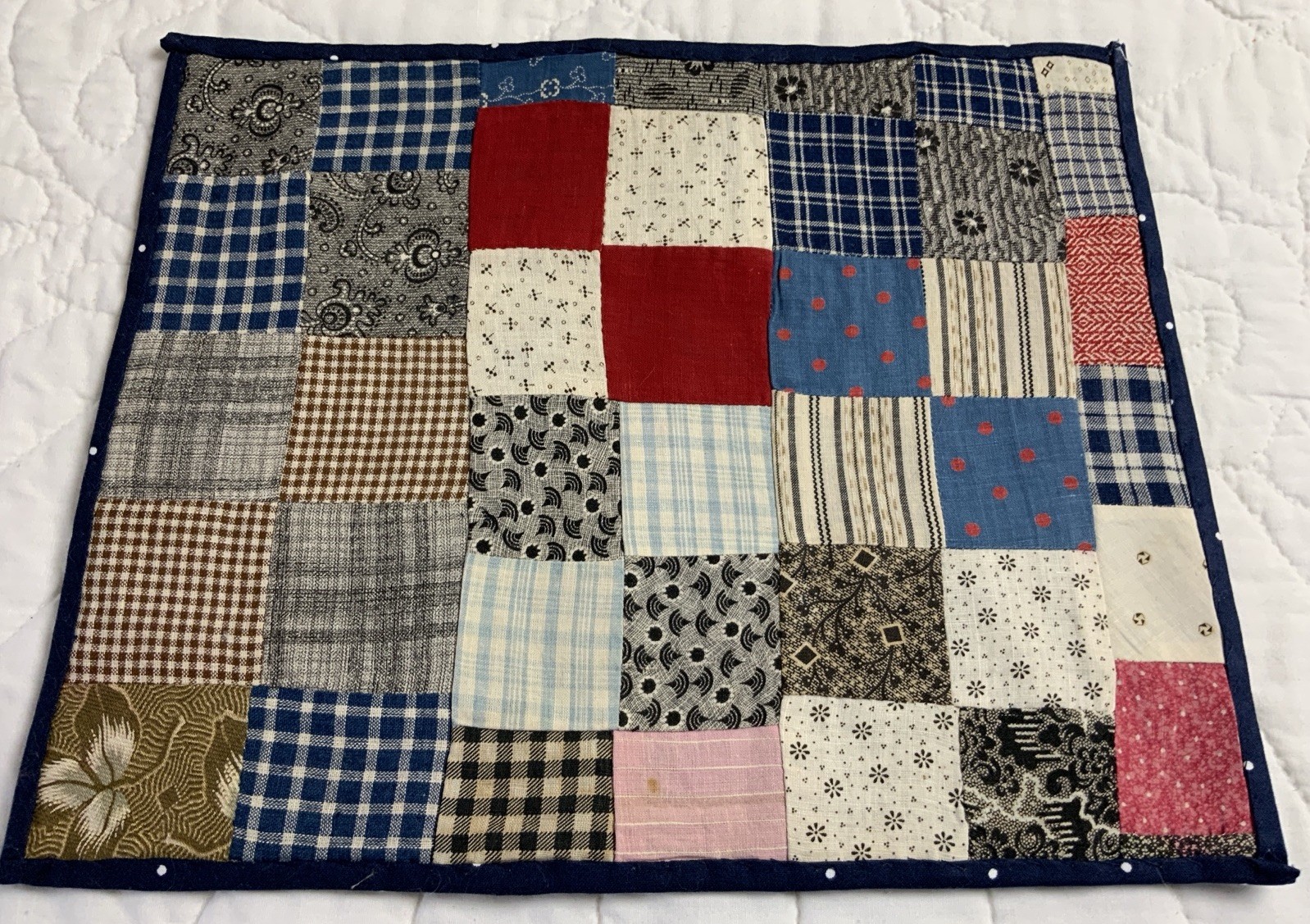 Antique Patchwork Quilt Table Topper, Four Patch, Early Calico Prints, Multi