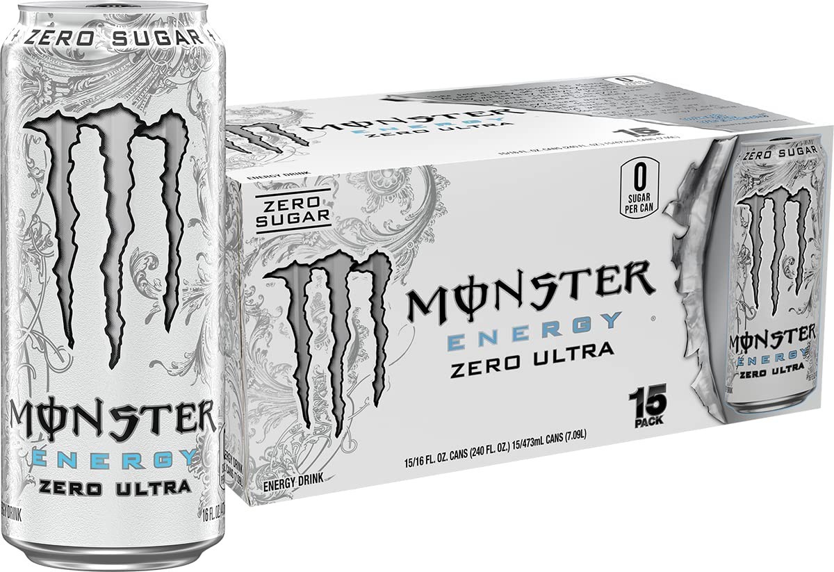 New Monster Energy Zero Ultra, Sugar Free Energy Drink, 16 Ounce (Pack of 15)
