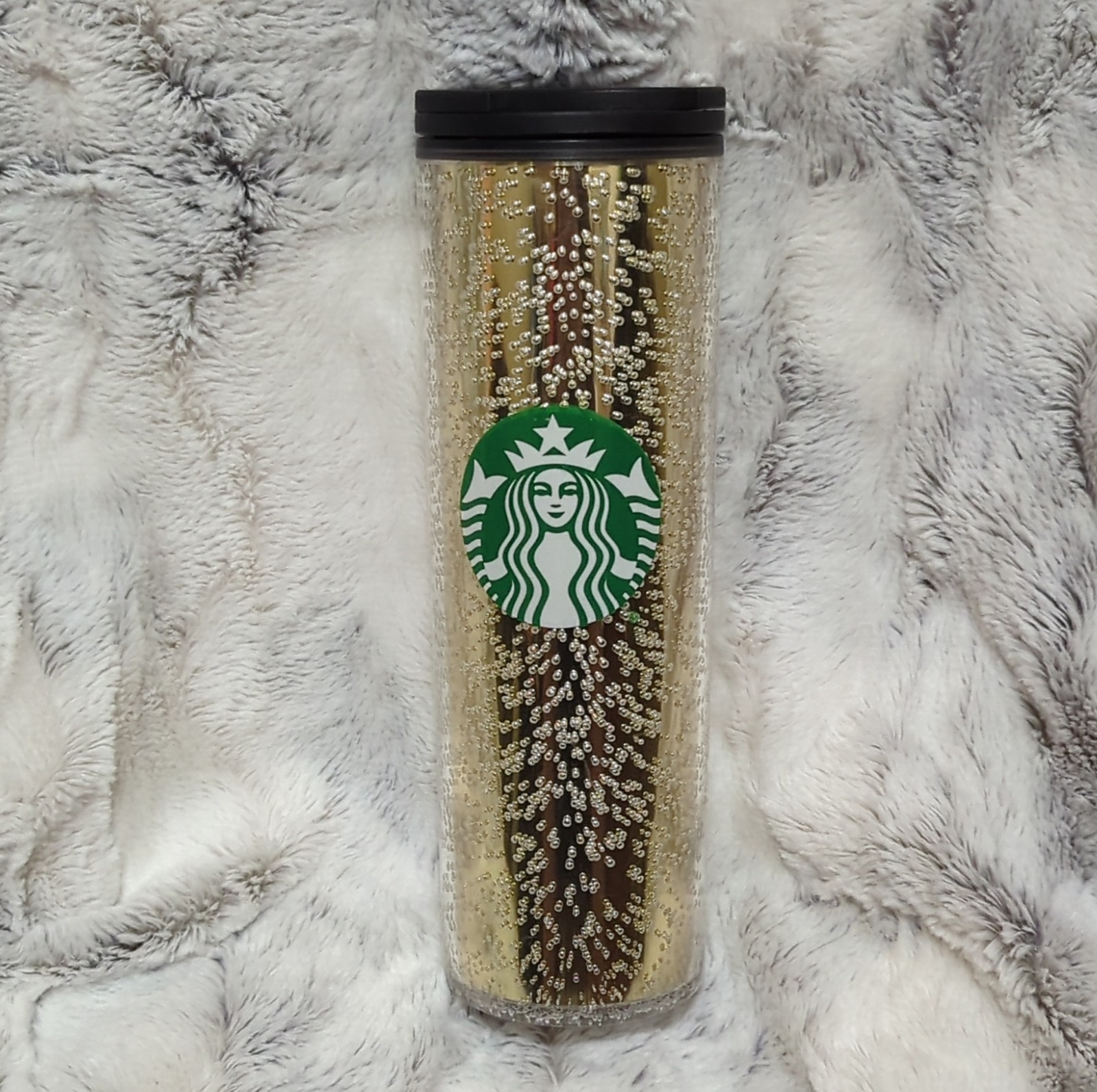 Starbucks Gold Glitter Plastic Tumbler with Drink Through Lid Abstract Logo