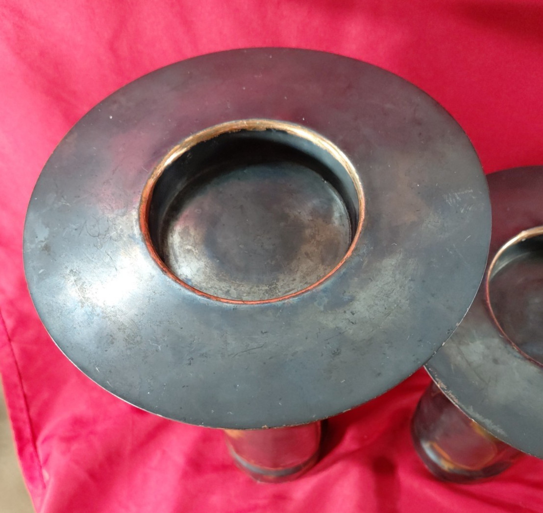 Pair Pillar Candle Holder Mixed Materials Copper Metal & More 9″ & 12″