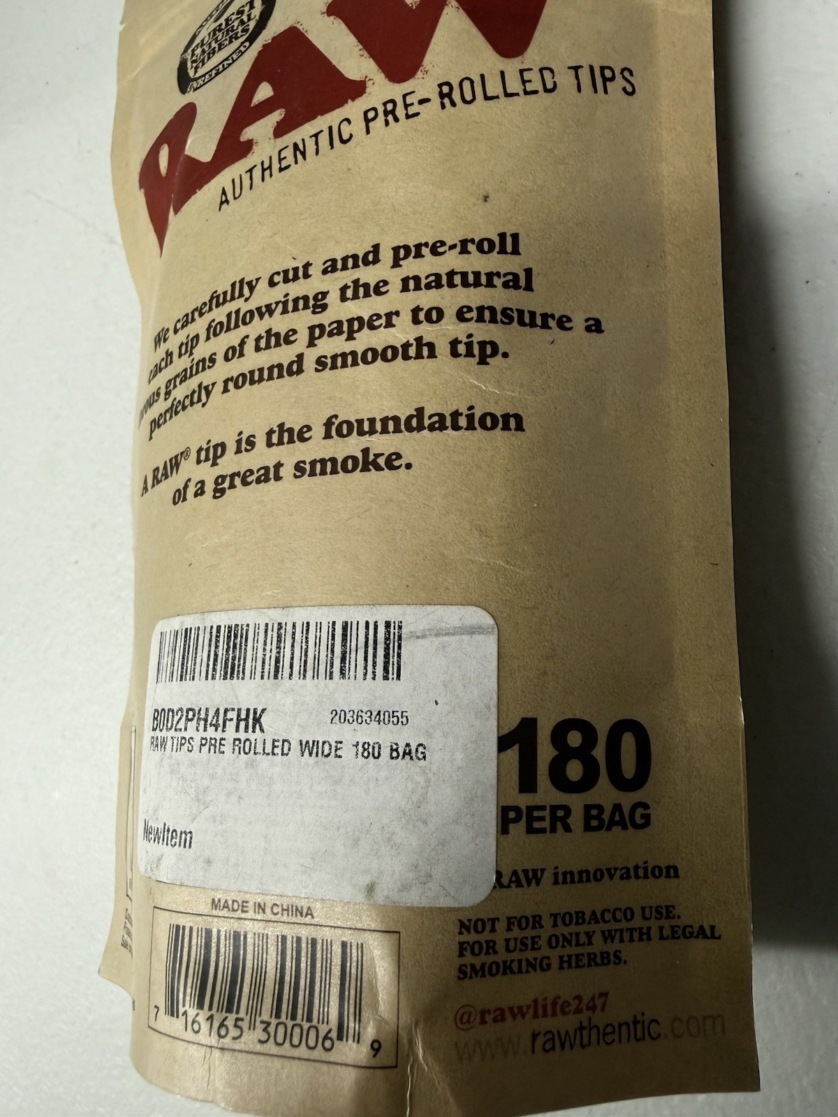 RAW Pre-Rolled WIDE Tips Filter Tips – 180 count Bag~Ready To Use & New