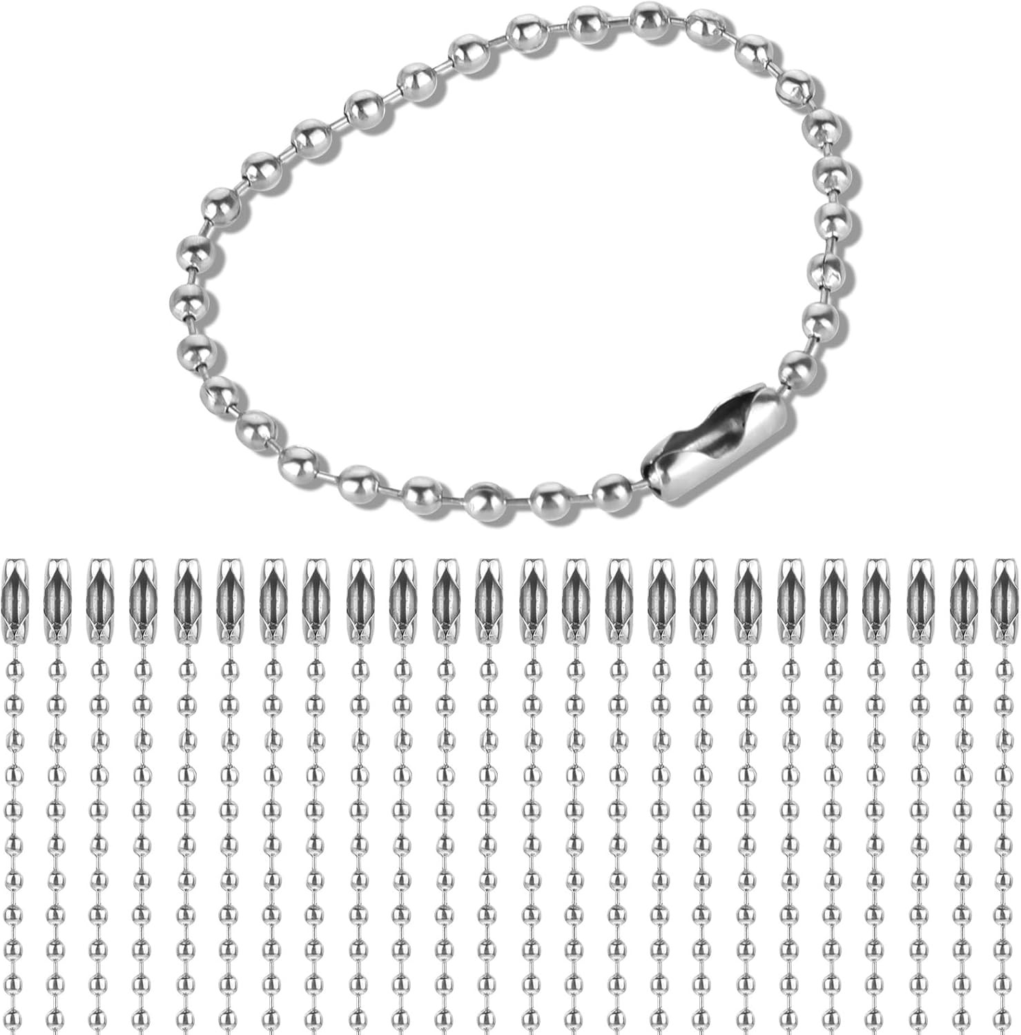 100 Pcs Silver Ball Chain Keychains 4.7 Inch Stainless Steel Dog Tag Chains 2.4m