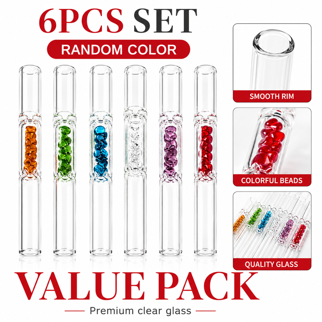 6 Pcs Random Colors Pyrex Glass Chillum Tobacco Pipes Set Thick Smooth Kit Pack