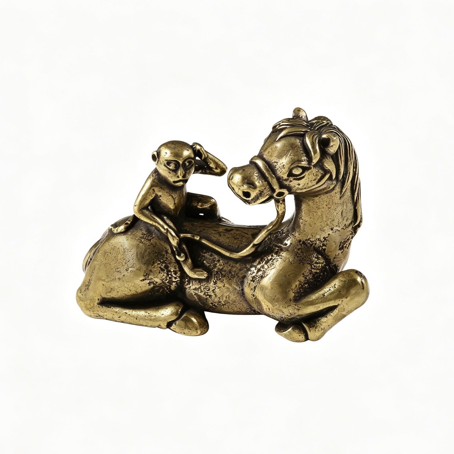 Solid Brass Monkey on Horse Figurine, Vintage Feng Shui Success Statue