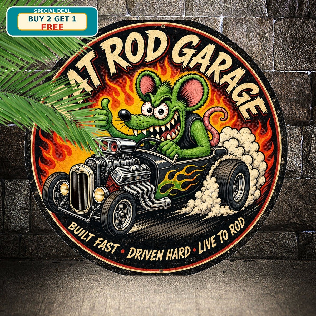 Rat Fink Cartoon Hot Rod Retro Character Round Tin Sign Garage Shop Wall Plaque