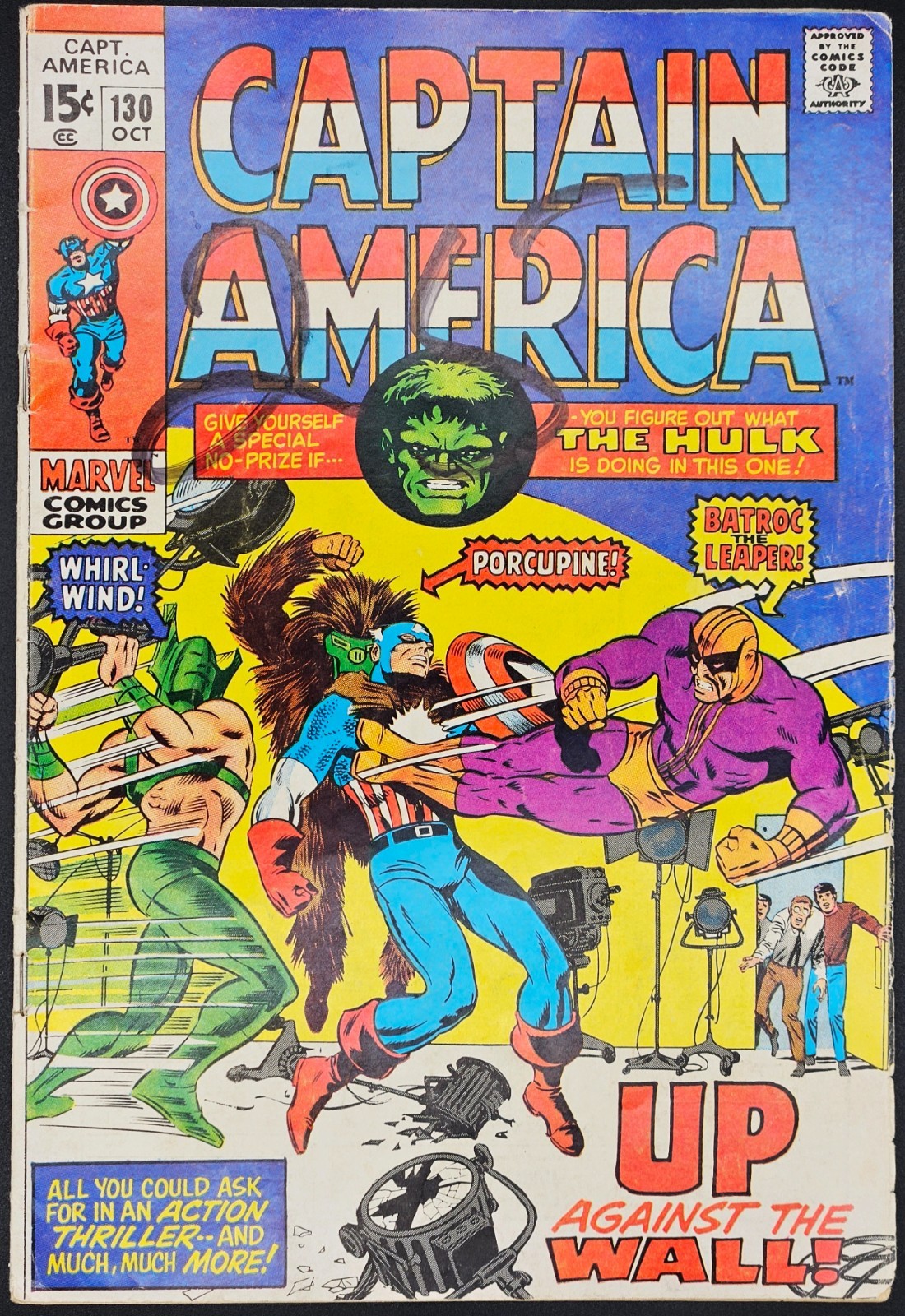 Captain America #130 1970 4.5 VG+ Cap vs. Whirl-Wind, Porcupine, Batroc-Leaper!