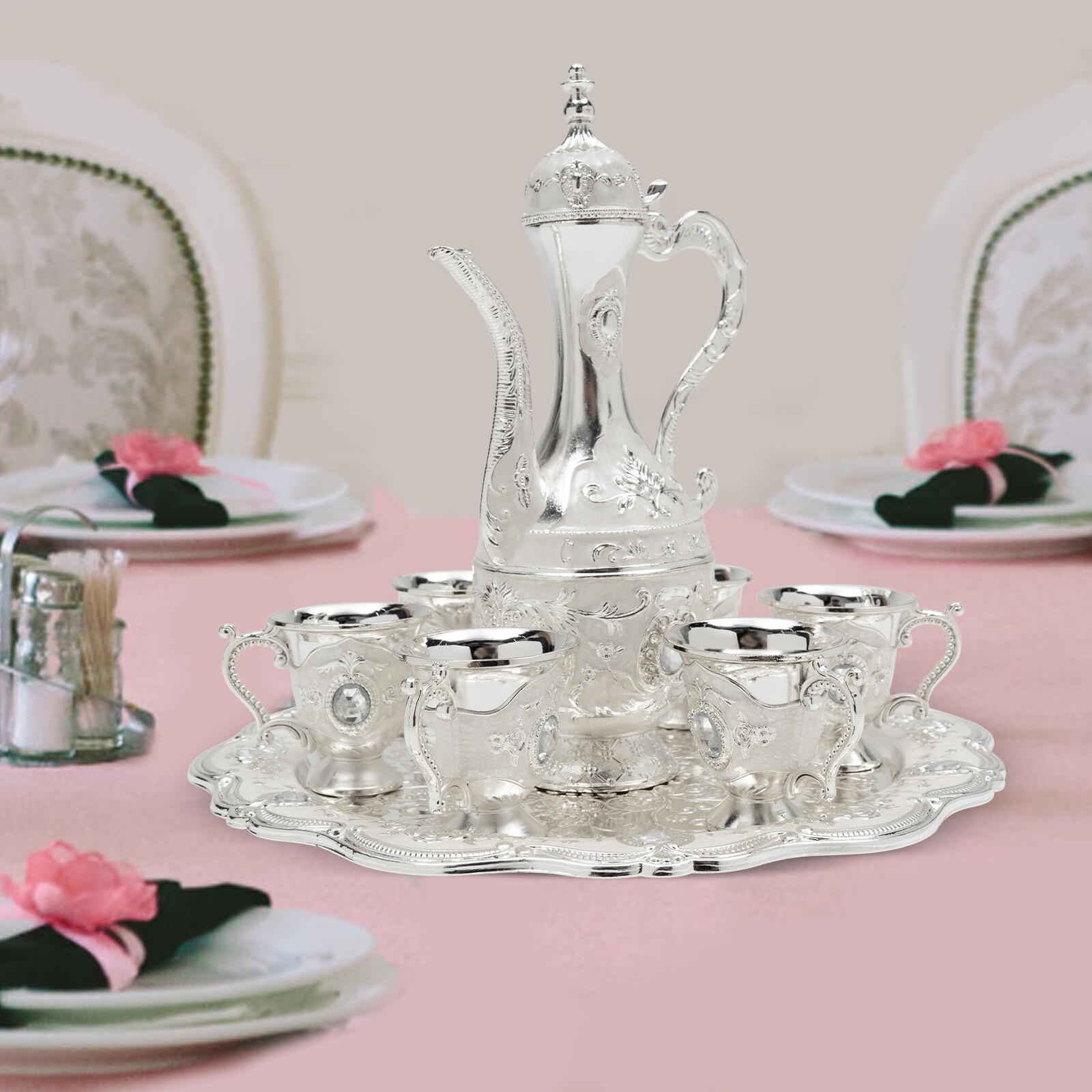 Turkish Coffee Set Tea Set W/Pot +6 Cups Wedding Birthday Home Decor Vintage Set