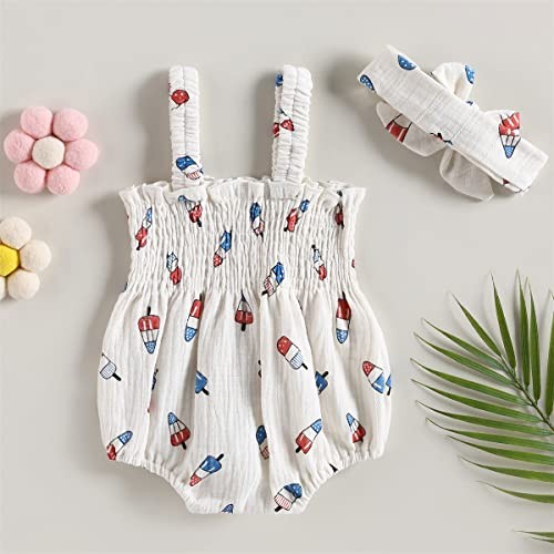 4th Of July Baby Girl Outfit American Flag Jumpsuit 3-6 Months Creamy White