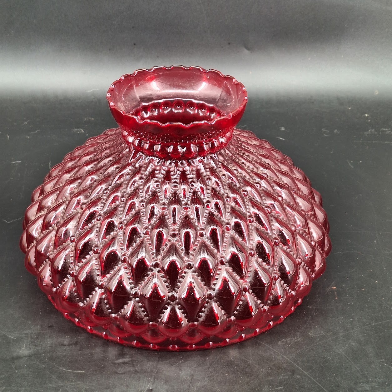Vintage Ruby Red Glossy Diamond Quilted Glass Hurricane Lamp Shade 10″ Fitter
