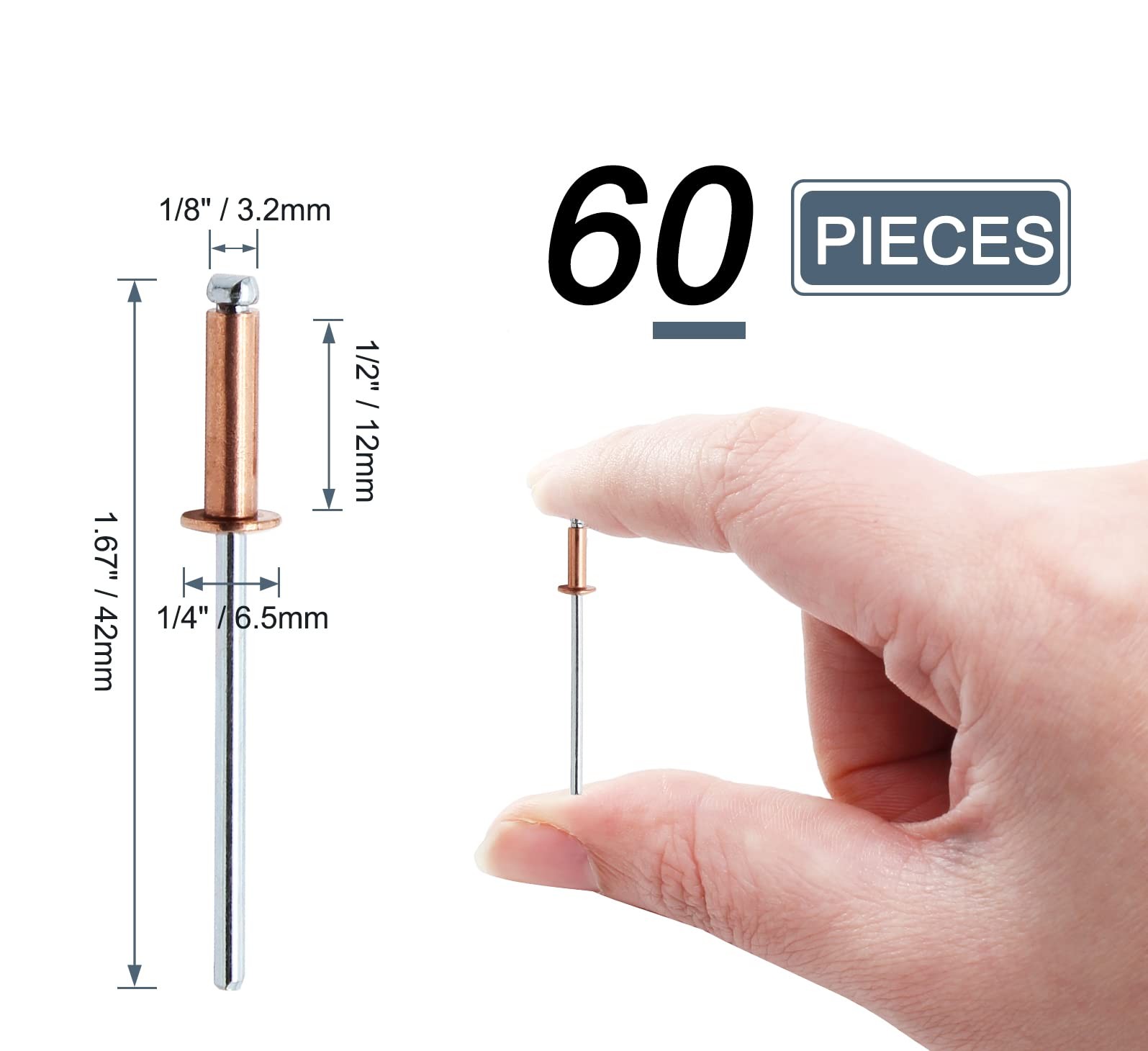 1/8″ x 1/2″ Red Copper Pop Rivets Assortment – 60Pcs, Aluminum Rivets Metal Blin