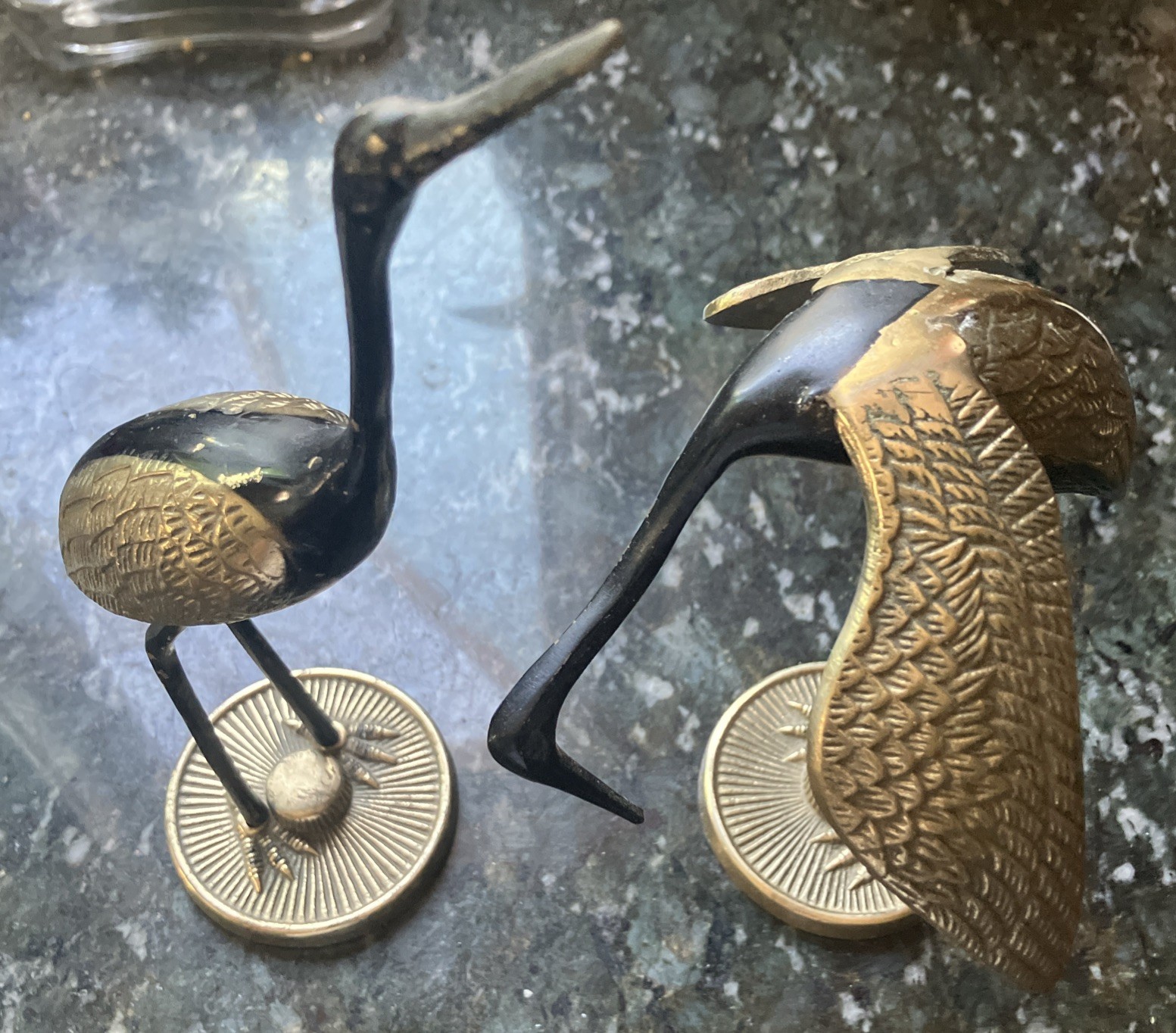 Vintage Pair of Brass & Black Enamel Crane Statues Brass/Metal/Crane/Egrets Nice