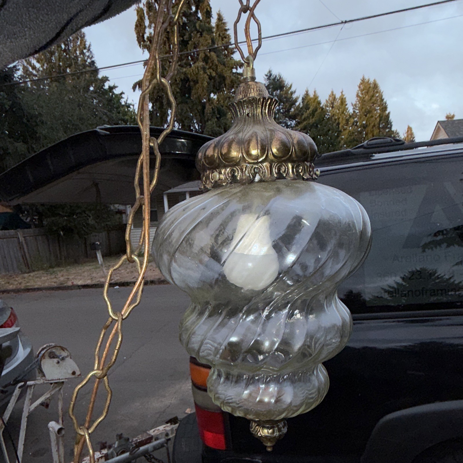 Clear Glass Swirl Globe Swag Hanging Ceiling Lamp, Gold Metal Top, Corded
