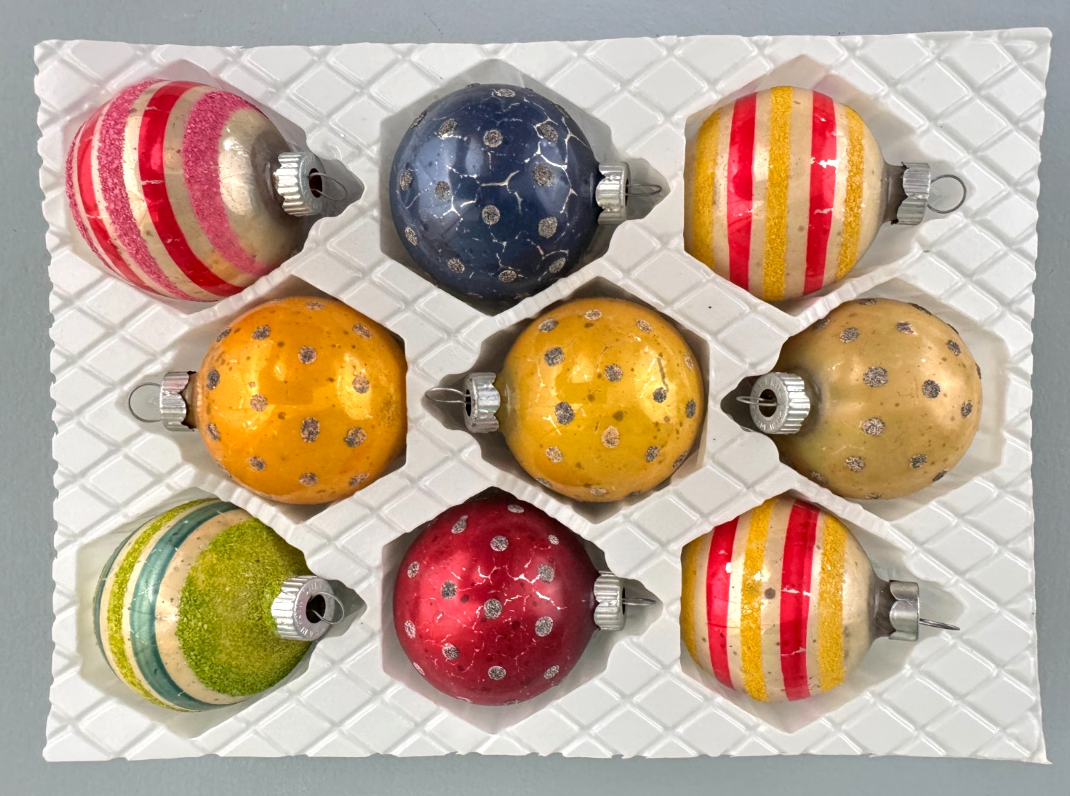9 VTG Shiny Brite Sugared Mica Strips Polka Dots Ball Christmas Ornaments 2.5”