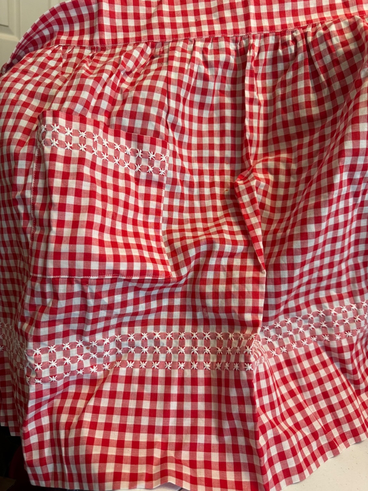 Vintage Red Gingham Half Apron Handmade Smocked Waist Pockets Tie Back Farmhouse