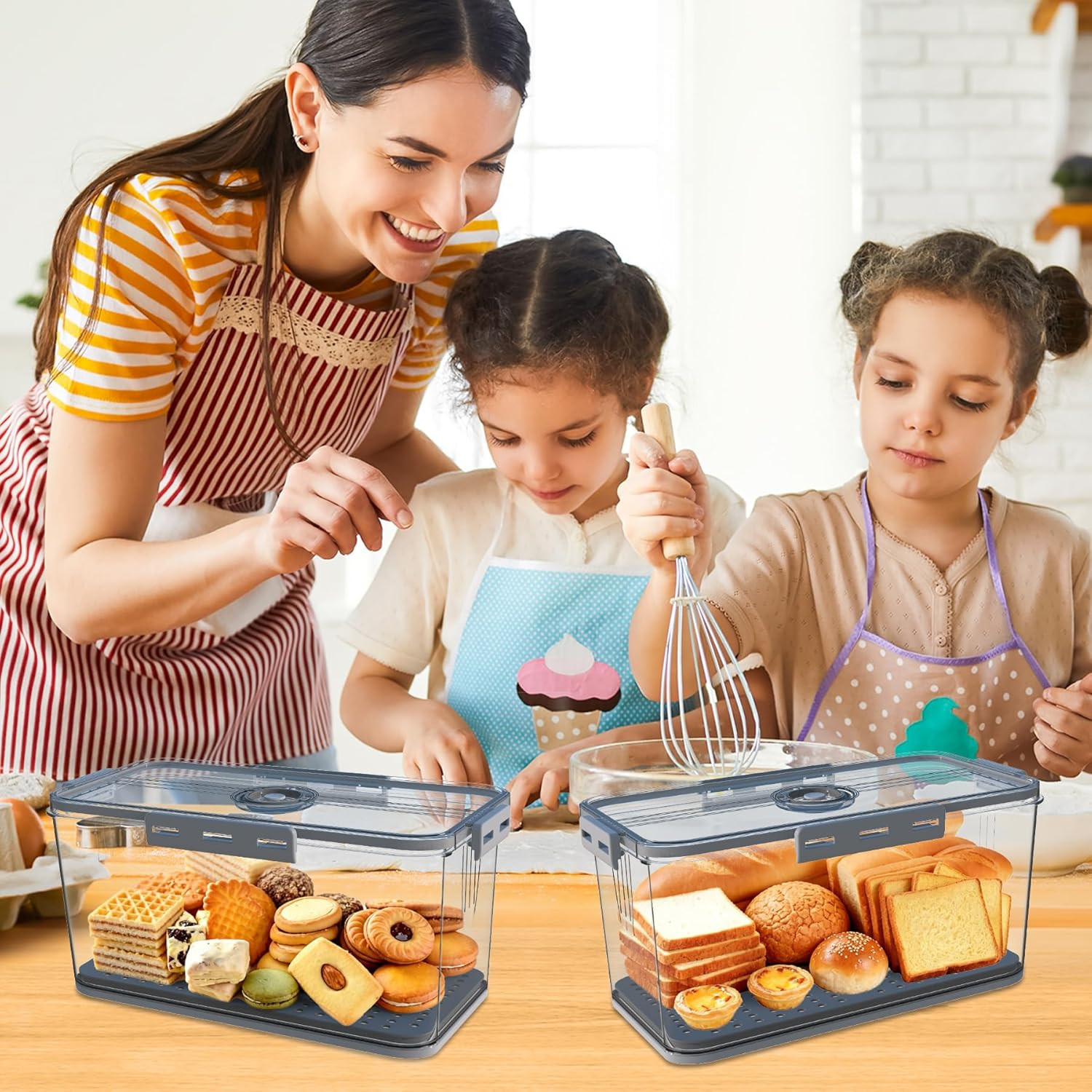 2PCS Bread Boxes,Bread Box for Kitchen Counter Airtight,Time Recording Bread Sto