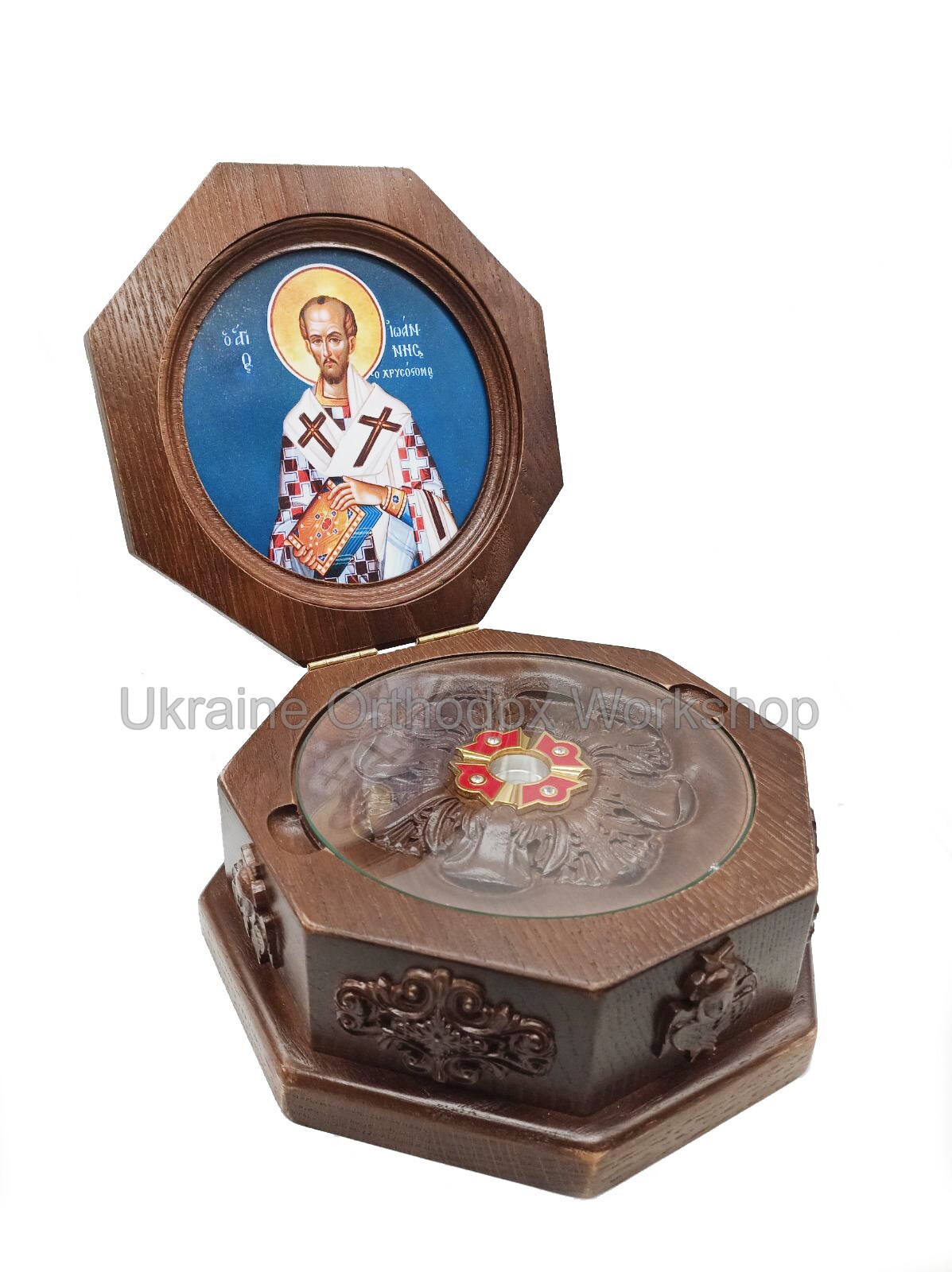 Reliquary Box Orthodox Carved Wooden Icon of St. John Chrysostom