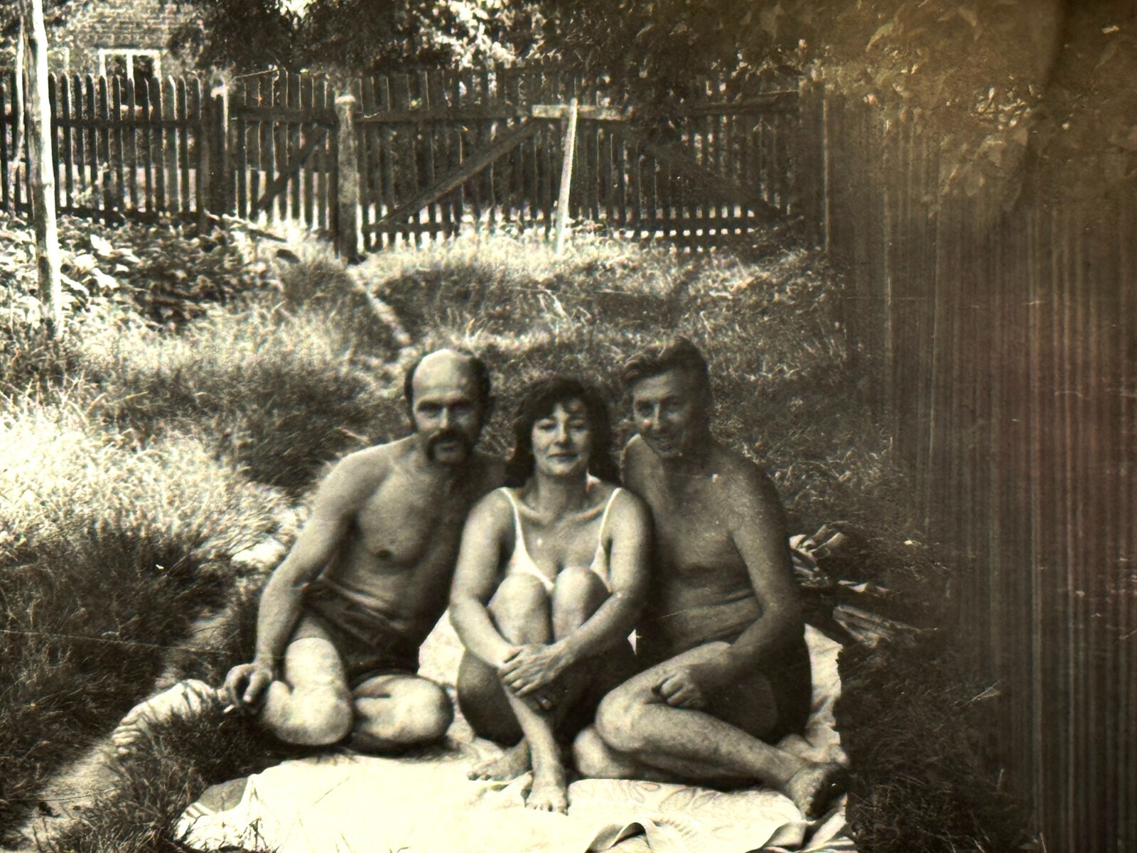 Gay Interest 1970s Two Shirtless Men Woman Portrait Soviet Vtg Snapshot Photo