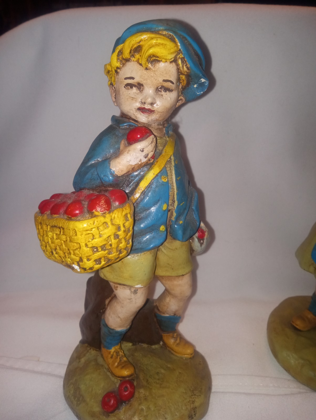 Vintage Continental Studio Chalkware Boy with Apples & Girl with Bunny 9.5″ tall
