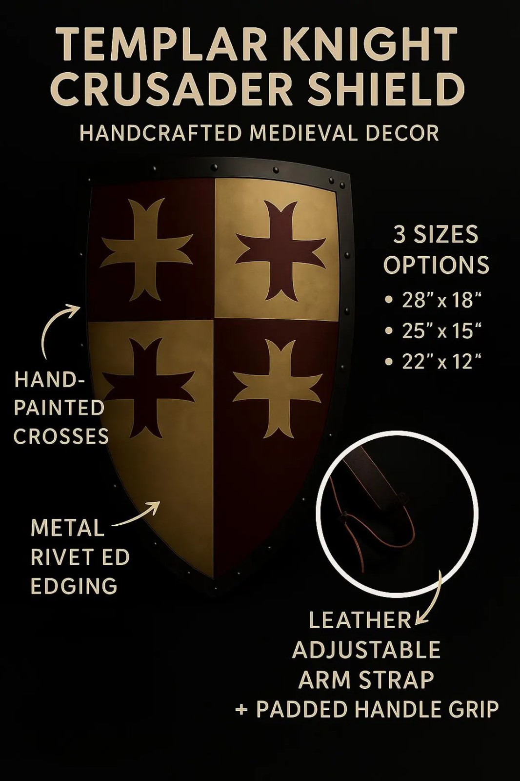 Templar Crusader Shield Hand-Painted Medieval Knight 3 Sizes LARP Wall Decor