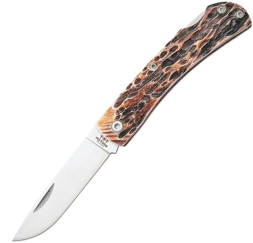 BEAR & SON KNIFE – 3.63″ LOCKBACK STAG BONE HANDLES – S/S BLADE – USA – NIB